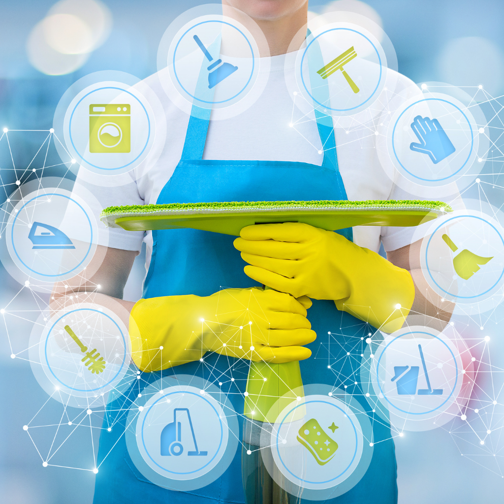 Profesional de limpieza con guantes y herramientas digitales de servicio en Gran Canaria