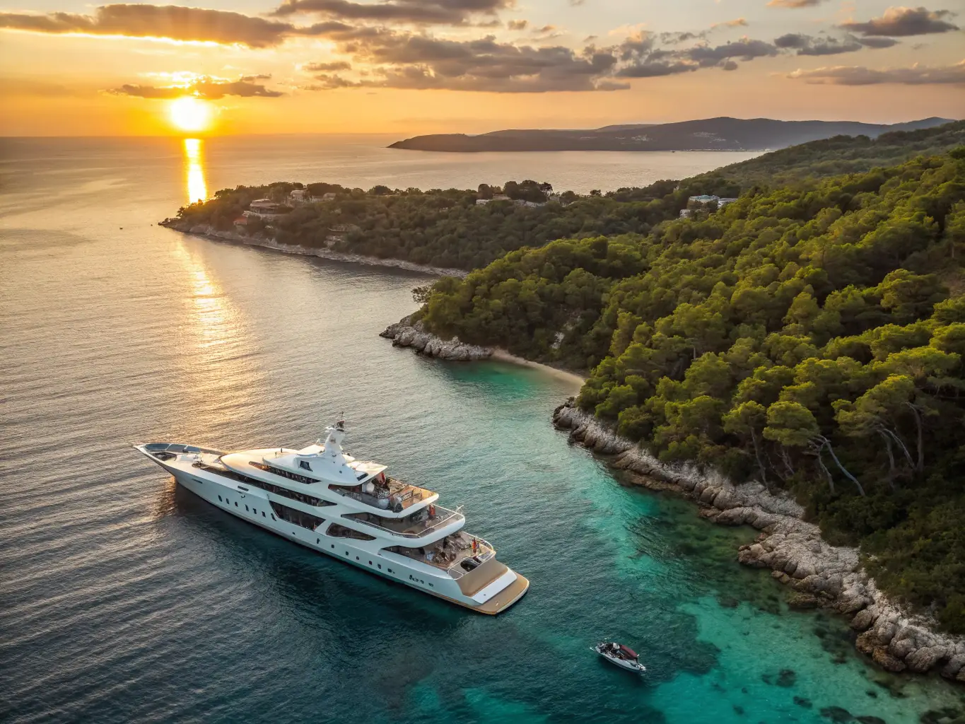 A high-resolution image showcasing a luxurious yacht sailing along the coast of Gran Canaria at sunset, with passengers enjoying drinks and the scenic view. The image should convey a sense of luxury, relaxation, and exclusivity.