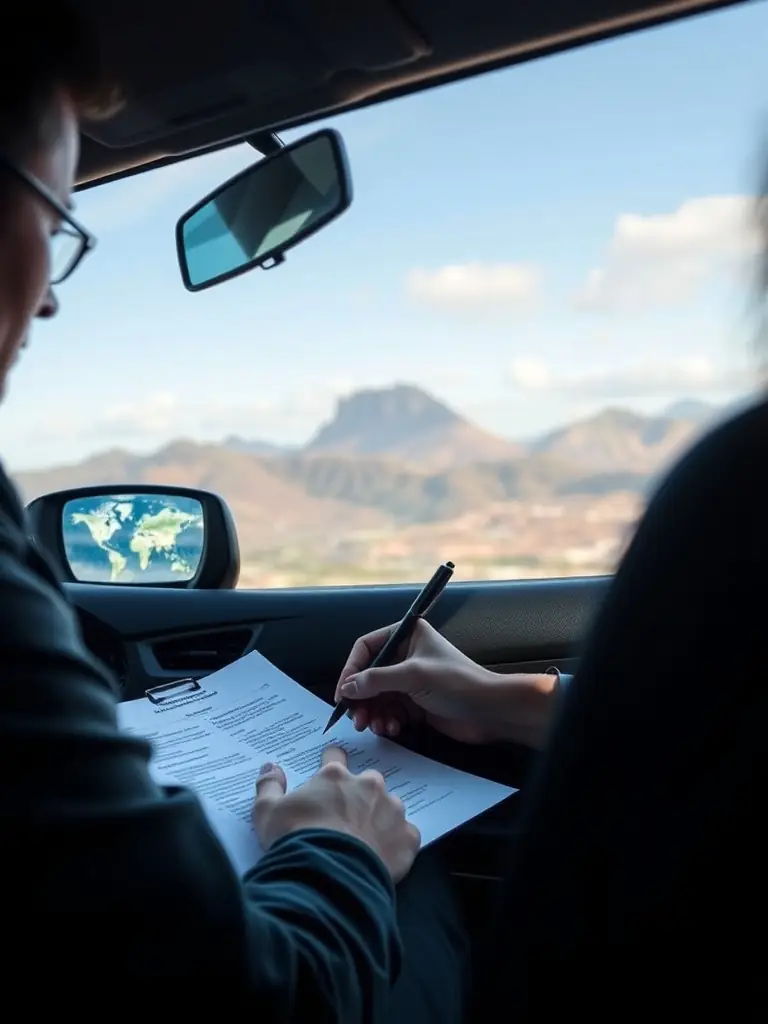 A picture of an additional driver signing the rental agreement, with the car and Gran Canaria landscape in the background.