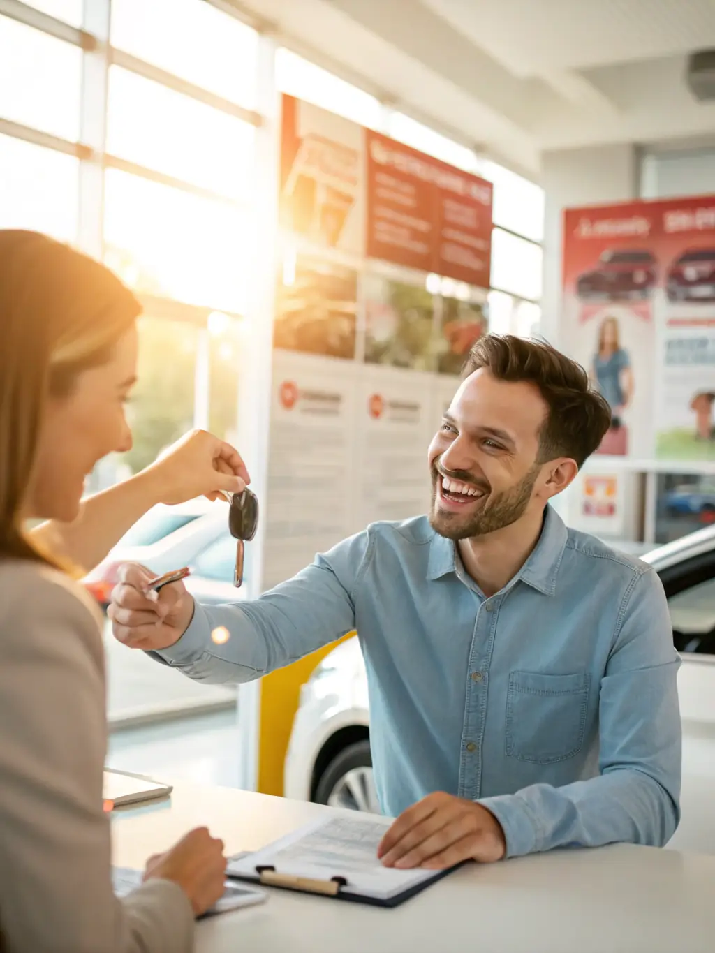 A friendly Free Yourself Agency employee handing over the keys to a rental car at Gran Canaria Airport to a smiling customer.