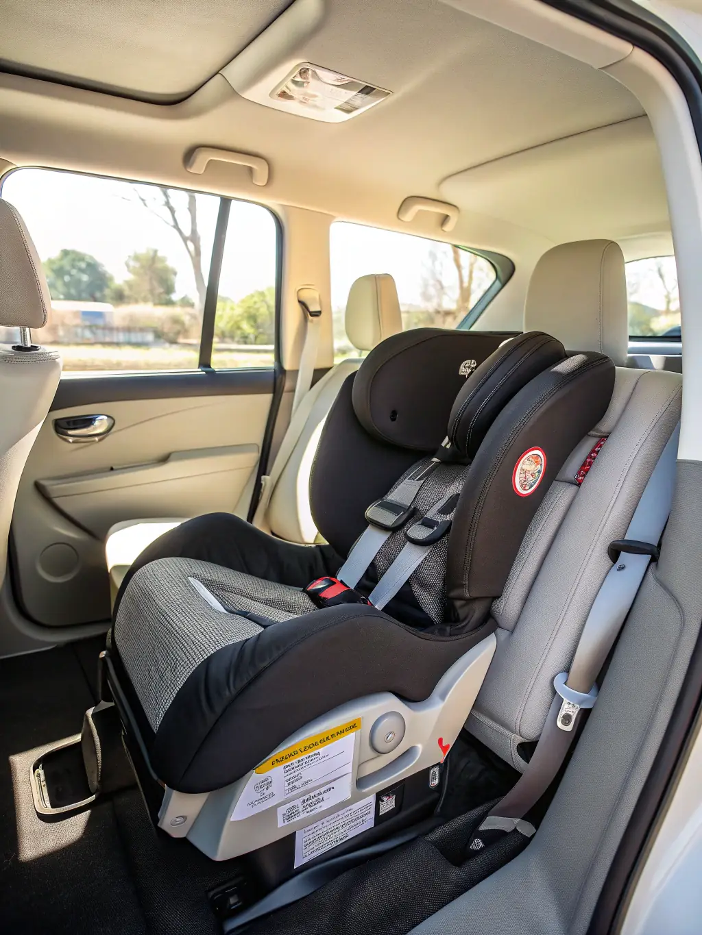 A clear image of a child safety seat properly installed in the back of a rental car, ensuring the safety of a young child.