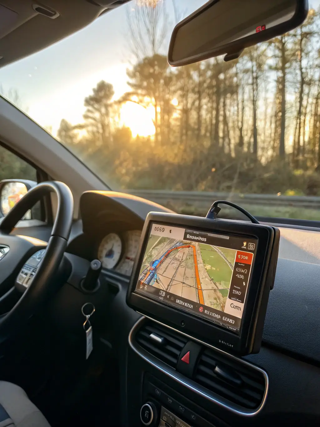 A high-quality photograph of a car GPS navigation system mounted on the dashboard of a rental car, displaying a map of Gran Canaria.